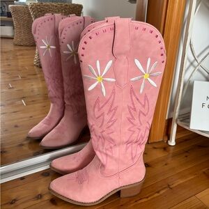 Pink Lily Floral Embroidered Heeled Boots